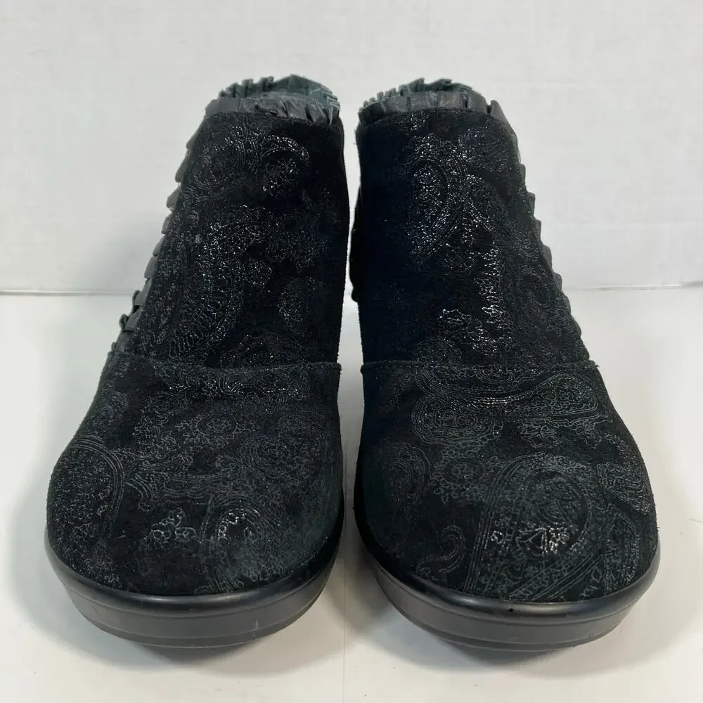 Alegria Sz 37 Hannah Black Beauty Ankle Booties Paisley Embellished Ruffle Top